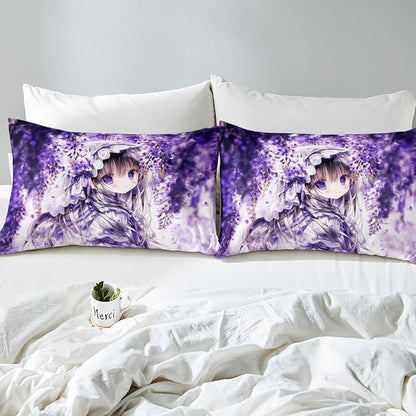 Erosebridal Lilac Flower Girl Fitted Sheet for Boys Girls Kids Purple Spring Floral Full Bed Sheets,Anime Girl Sheets Cartoon Anime Gift Bedding Sets, No Top Sheet