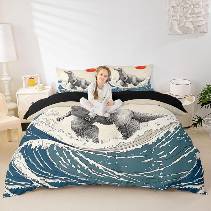 Feelyou Dinosaur Monster Bedding Set Queen Size Japanese Ukiyoe Theme Duvet Cover for Adult Kids Boys Girls Cool Animal Comforter Cover Set Asian Anime Bedspread Cover 3Pcs Zipper