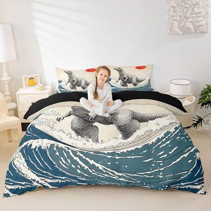 Feelyou Dinosaur Monster Bedding Set Queen Size Japanese Ukiyoe Theme Duvet Cover for Adult Kids Boys Girls Cool Animal Comforter Cover Set Asian Anime Bedspread Cover 3Pcs Zipper