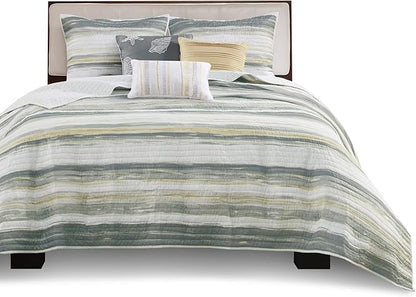 Madison Park Quilt Set Cottage Coastal Design, 6 Piece Set - All Season, Coverlet Bedspread Lightweight Bedding Layer, Shams, Toss Pillows, Full/Queen(90 in x 90 in), Yellow/Grey