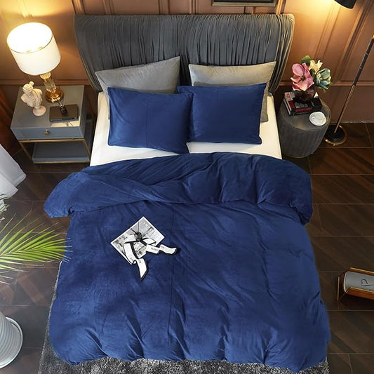 Ivellow Velvet Duvet Cover King Size 3 Pcs Flannel Navy Blue Duvet Cover King Velvet Comforter Cover Bedding Set Ultra Soft Cozy Solid Luxury Velour Duvet Cover Set Zipper Closure Corner Ties