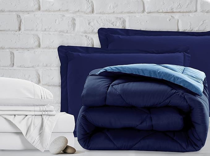 Elegant Comfort Luxury 1500 Thread Count 7-Piece RV Short Size Bed-in-a-Bag, Super Cozy Bed Sheets and Comforter Set, Wrinkle and Stain Resistant, Navy/Aqua