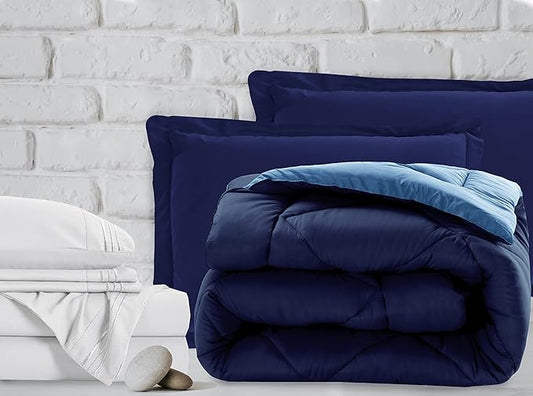 Elegant Comfort Luxury 1500 Thread Count 7-Piece RV Short Size Bed-in-a-Bag, Super Cozy Bed Sheets and Comforter Set, Wrinkle and Stain Resistant, Navy/Aqua