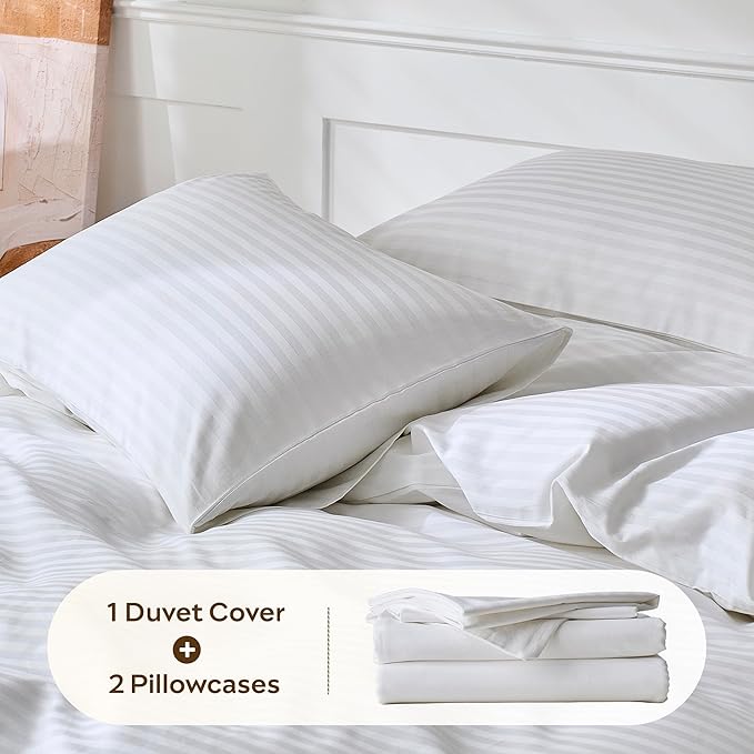 JELLYMONI Striped Duvet Cover Set - Queen Size Comforter Cover, Classic Sateen Stripes, 100% Cotton 3 Pcs Bedding with Zipper Closure & 8 Corner Ties for Master or Guest Bedroom