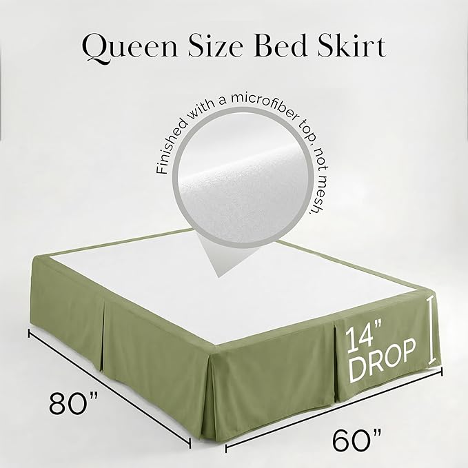 Southshore Fine Living, Inc. Queen Bed Skirt 14 Inch Drop, Pleated Sage Green Bed Skirt, Microfiber Dust Ruffle Queen Size, Wrinkle Free, Hides Underbed Storage and Box Springs, Oeko-Tex, Sage Green