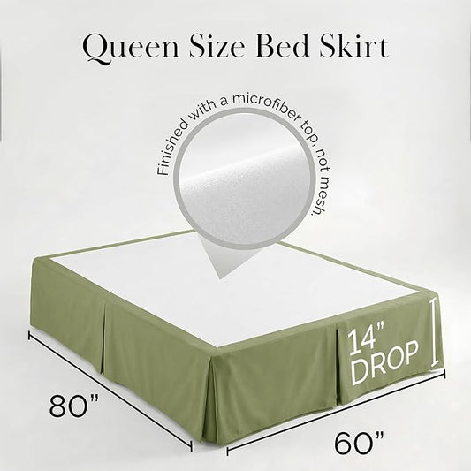 Southshore Fine Living, Inc. Queen Bed Skirt 14 Inch Drop, Pleated Sage Green Bed Skirt, Microfiber Dust Ruffle Queen Size, Wrinkle Free, Hides Underbed Storage and Box Springs, Oeko-Tex, Sage Green