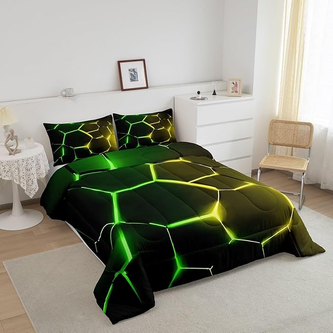 Feelyou Honeycomb Comforter Green Yellow Hexagonal Print Bedding Set for Kids Boys Girls Children Beehive Geometrical Comforter Set Ultra Soft Decor Reticulated Duvet Set Twin Size