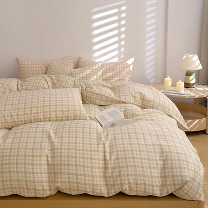 Vintage Beige Plaid Duvet Cover Twin XL 100% Cotton Muslin Grid Checkered Plaid Bedding Set Breathable Linen Like Gauze Comforter Cover Farmhouse Beige Green Gingham Duvet Cover with Zipper Closure