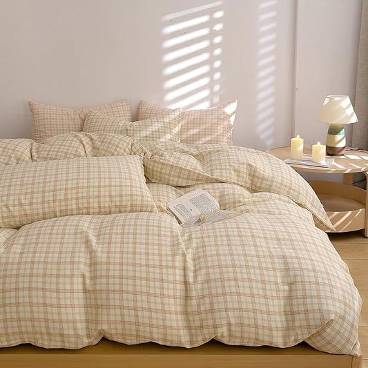 Vintage Beige Plaid Duvet Cover Twin XL 100% Cotton Muslin Grid Checkered Plaid Bedding Set Breathable Linen Like Gauze Comforter Cover Farmhouse Beige Green Gingham Duvet Cover with Zipper Closure