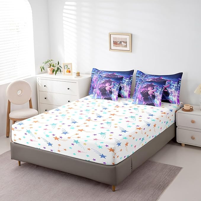 Erosebridal Kids Anime Girl 7 Piece Comforter Set Full Bed in A Bag, Japanese Anime Bedding Sets, Cartoon Girl Sheet Set with Comforter for Boys Teens Adult, Kawaii Japanese Animation Bed Sets