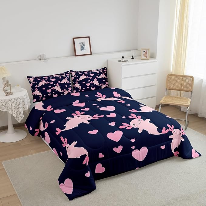 Feelyou Axolotl Comforter Set Full Size Heart Comforter for Boys Girls Teens Cute Axolotl Bedding Set Cartoon Salamander Duvet Set Room Decor Navy Blue Pink Quilt Set