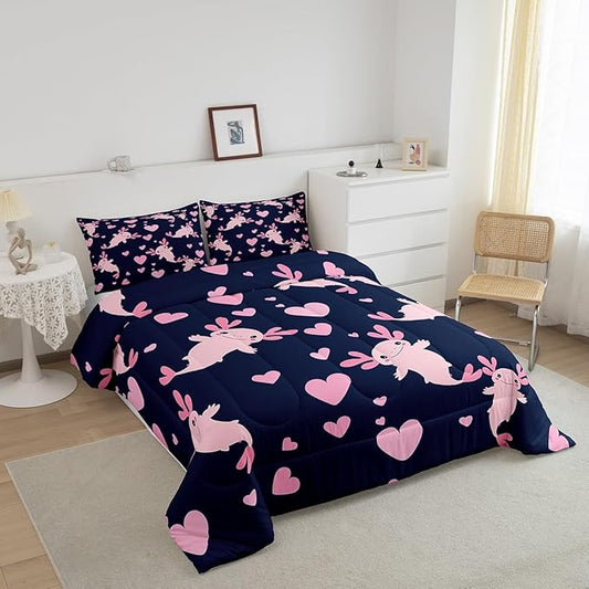 Feelyou Axolotl Comforter Set Full Size Heart Comforter for Boys Girls Teens Cute Axolotl Bedding Set Cartoon Salamander Duvet Set Room Decor Navy Blue Pink Quilt Set