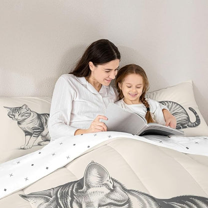 Erosebridal Kawaii Kitten Quilt Insert Twin Size 3D Cute Bedding Set for Kids Boys Girls Sketch Animal Beige Cat Comforter Warm Soft Comforter Set
