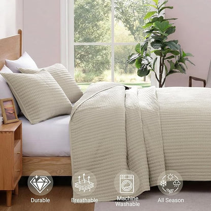 WRENSONGE King Size Quilt-3 Pieces Lightweight Bedspreads Light Oatmeal King Quilt Bedding Set for All Seasons, Soft Summer Coverlet with 2 Pillow Shams Suitable for Bed, Couch, Quilt Blanket