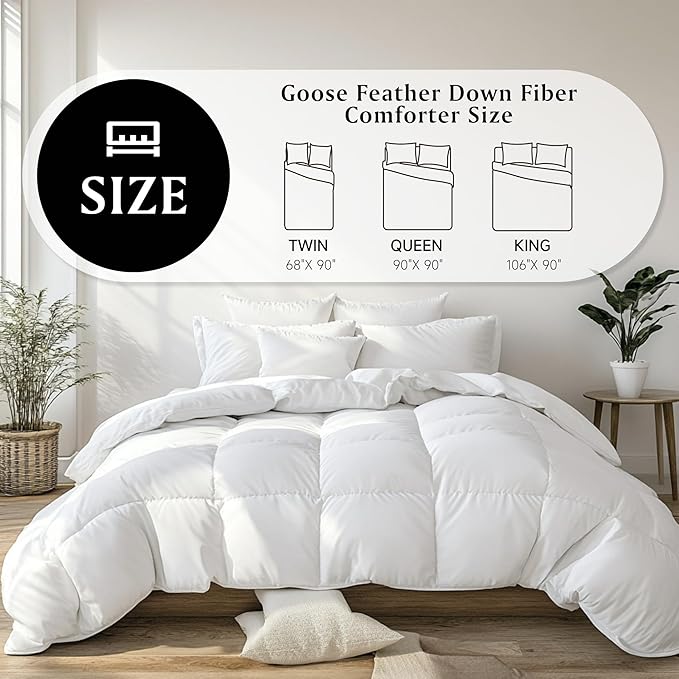 Beautyrest Luxury White Goose Feather Down Fiber Twin Size Duvet Insert,100% Cotton Breathable Medium Warmth Bedding Comforter for All Season,White/Twin,68" Wx90 L