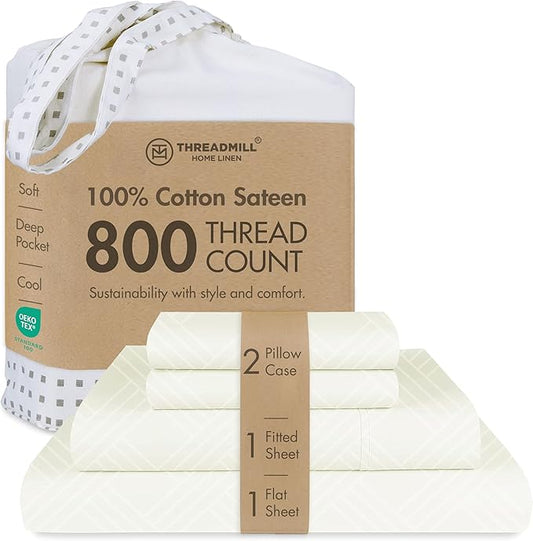 Threadmill California-King Sheets - 800 Thread Count Jacquard Celine Ivory, 100% Pure Cotton 4 Piece Striped Bed Set, Extra Long Staple Cotton, Luxury Damask Sheets with Elasticized Deep Pocket