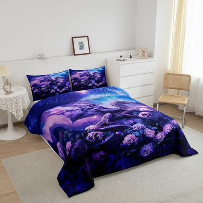 Dragon Comforter Set King Size,Purple Nebula Galaxy Bedding Set for Kids Boys Girls Room Decor,Starry Sky Rose Flower Duvet Insert 3Pcs,Western Magical Dragon Microfiber Quilt Set,2 Pillowcases