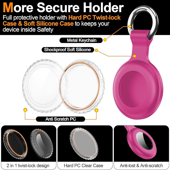 1|2|4Pack for Apple AirTag Holder with Keychain for Air Tag 2nd/1st Gen | Waterproof Air Tag Cover GPS Tracker Anti-Scratch Silicone Air-Tag Case for Pets,Kids-Blue+Brown+Orange+Rose Red