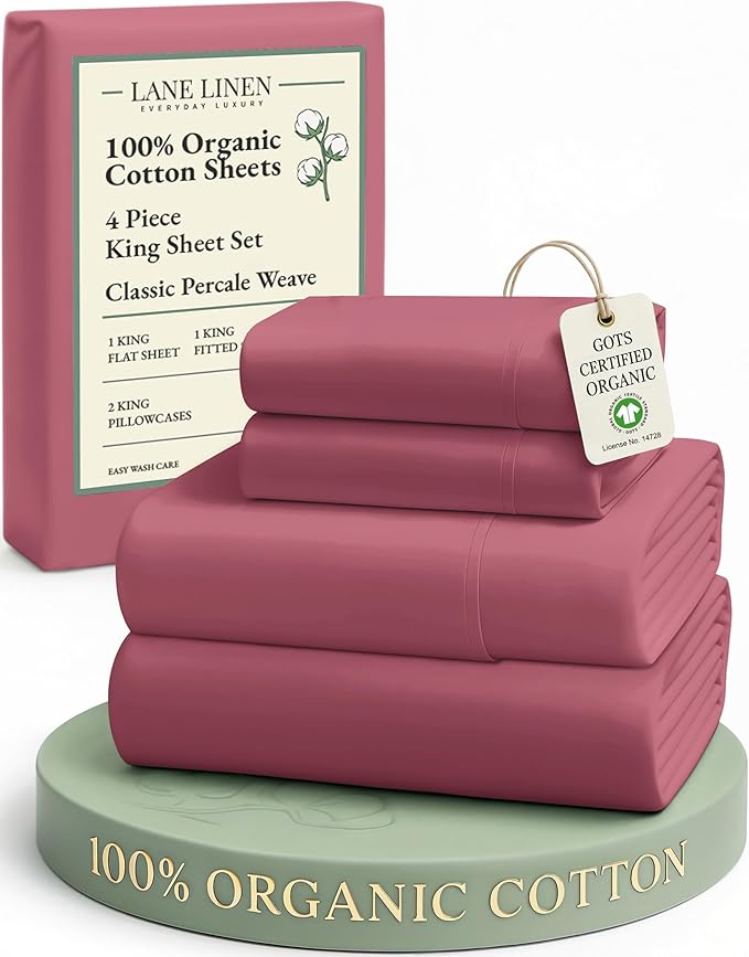 LANE LINEN 100% Organic Cotton Bedsheets King Size Bed, Soft & Comfy Luxury Hotel Style Percale Cooling Sheets King Size, Oeko Tex Certified Sustainably Produced Cotton Sheets- Mineral Red
