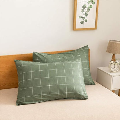 JELLYMONI 100% Natural Cotton 2pcs Plaid Duvet Cover Sets,Green with White Grid Geometric Pattern Printed Comforter Cover,with Zipper Closure & Corner Ties(Twin Size)
