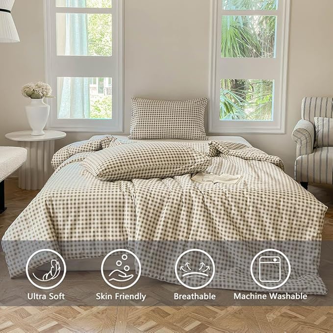NSNLGSGC Tan Gingham Cotton Comforter Set Queen, 100% Washed Cotton Taupe Plaid Checked Comforter Bedding, 3 Pieces Vintage Farmhouse Grid Bedding Set(Tan Gingham, Queen)