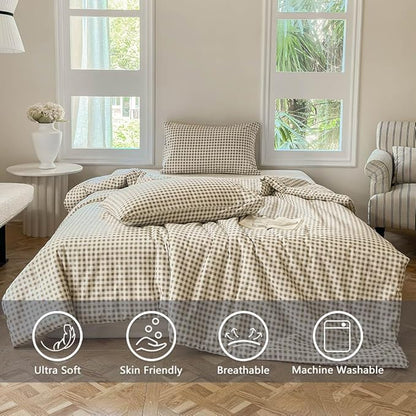 NSNLGSGC Tan Gingham Cotton Comforter Set Twin, 100% Washed Cotton Taupe Plaid Checked Comforter Bedding, 2 Pieces Vintage Farmhouse Grid Bedding Set(Tan Gingham, Twin)
