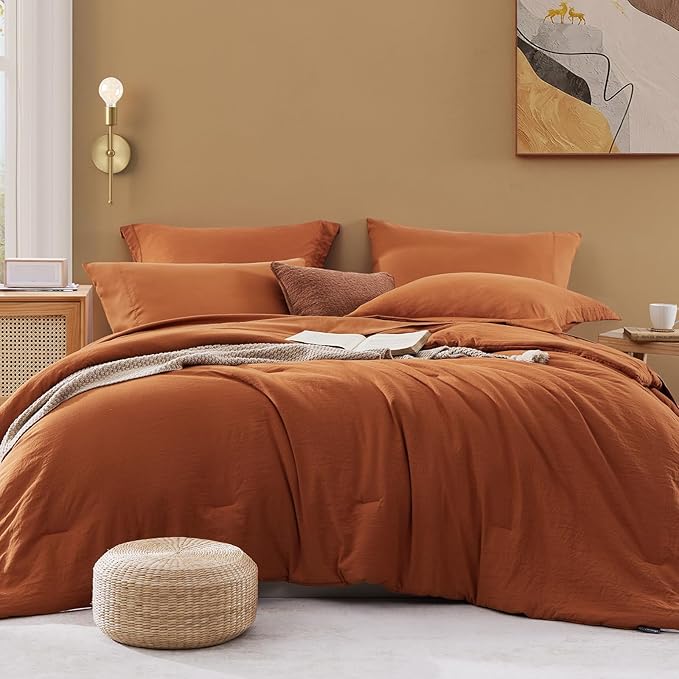WRENSONGE Oversized Queen Comforter Set - 7 Pieces Burnt Orange Bed in a Bag Queen with Sheets, 2 Pillow Shams, and 2 Pillowcases- Warm Bedding Sets Queen for All Season