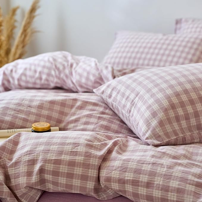 EAVD Vintage Style Gingham Duvet Cover Full Purple White Soft 100% Washed Cotton Chic Grid Checkered Bedding Set with 2 Pillowcases Farmhouse Purple Plaid Duvet Cover with Zipper Closure