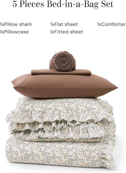 Twin XL Comforter Set - 5 Pieces Ruffle Beige Ditzy Bedding Sets, Shabby Chic Farmhouse Bed in a Bag Twin XL with Floral Comforter, Sheets, Pillowcase & Sham