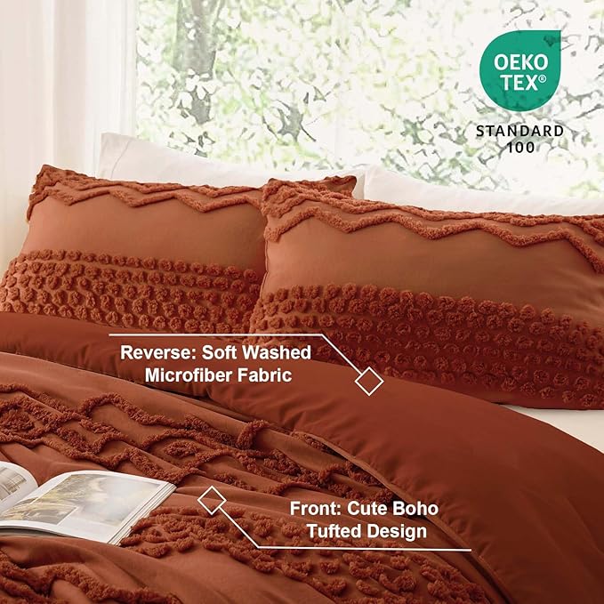 Luxudecor Terracotta Boho Tufted Comforter Set Queen Size 3 Pieces Boho Shabby Chic Comforter Farmhouse Embroidery Bedding Set Soft Comforter for All Seasons (Terracotta, 90''x90'')