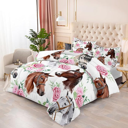 Horse and Flower Comforter Set for Girls Kids Horse and Floral 3 Piece Bedding Set Twin Floral Lightweight Comforter Down Alternative with 2 Pillowcases All Seasons