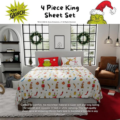 Collectibles Dr. Seuss The Grinch Holiday & Christmas Bedding Super Soft Microfiber 4 Piece King Sheet Set, (Officially Licensed Product) By Franco