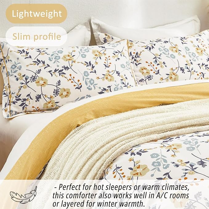 Yellow Floral Cotton Comforter King Size - Orange, Blue & Slate Gray Botanical Pattern on Off White, Reversible Design, 3PC Lightweight Bedding Set with Soft Alternative Fill (King)