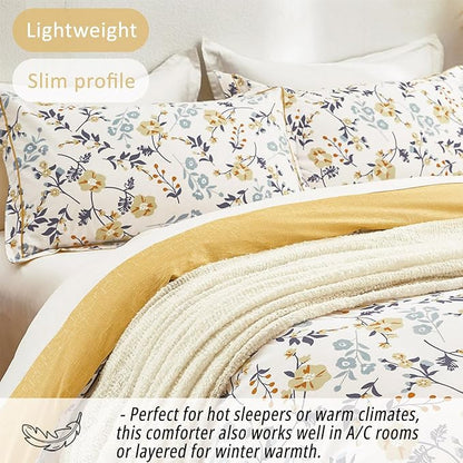 Yellow Floral Cotton Comforter King Size - Orange, Blue & Slate Gray Botanical Pattern on Off White, Reversible Design, 3PC Lightweight Bedding Set with Soft Alternative Fill (King)