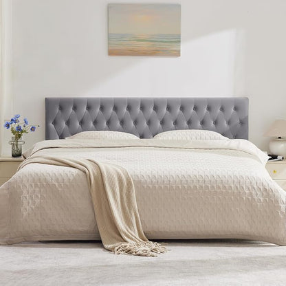 Tufted Upholstered Queen Size Bed Headboard in Modern Button Design, Adjustable Solid Wood Head Board, Premium Velvet Fabric Padded Headboards in Bedroom (Gray, Queen)