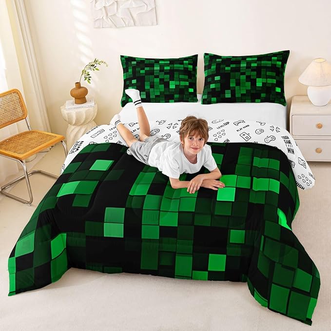 Pixelated Miners Game Kids Comforter Set Full Size,Geometric Check Video Games Bedding Set,Boys Room Decor,Gamepad Camo Grid Quilt Comforter,Black Green Duvet Set Bedroom Quilt Set,2 Pillowcases | Geometric Check, Video Games Bedding, Gamepad Camo Grid...