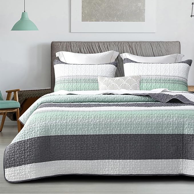 DURLENGEN Quilt Set California King Size 3Pcs,Soft Microfiber Lightweight Bedspread,White & Green Striped Geometric Pattern Coverlet for All Season Layering(Cal King 112x104, Mint Green)