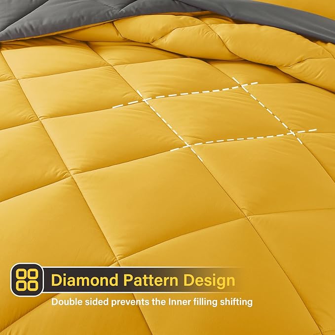 Cosybay Bed in a Bag King Reversible Comforter Sets 7pcs All Season Down Alternative Bedding Sets Yellow and Grey with Comforter, Pillow Shams, Flat Sheet, Fitted Sheet and Pillowcase