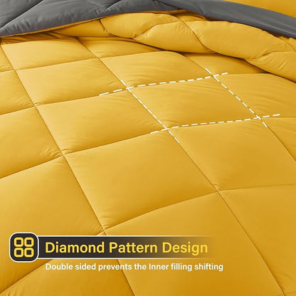 Cosybay Bed in a Bag King Reversible Comforter Sets 7pcs All Season Down Alternative Bedding Sets Yellow and Grey with Comforter, Pillow Shams, Flat Sheet, Fitted Sheet and Pillowcase