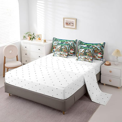 Cartoon Christmas Cabin Comforter Set 7 Pieces,Winter Santa Gnome Bed Set,Rustic Botanical Flowers Bedding Bed in a Bag Soft,King (1 Comforter,2 Pillowcase,2 Pillow Covers,1 Flat Sheet,1 Fitted Sheet)