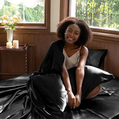 CozyLux Satin Sheets Full Size Sheets - 6 Piece Silky Full Size Bed Sheets, Luxury Black Full Bed Set with Smooth and Soft Microfiber, Includes 1 Fitted Sheet, 1 Flat Sheet and 4 Pillowcases