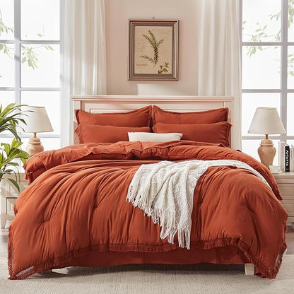 Andency Oversized King Comforter Set with Sheets 120x120 Terracotta - 7 Pieces Boho Tassel Bed in a Bag Soft Lightweight Bedding Sets, Fringe Bed Set with Comforter, Sheets, Pillowcases & Shams