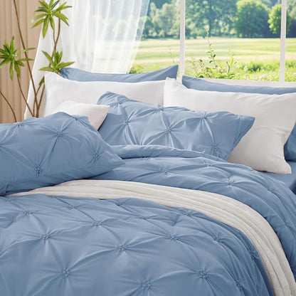 BEDELITE Cornflower Blue Queen Comforter Set - 3 Pieces Boho Pintuck Bedding Comforter Sets, Lightweight Soft & Warm Bed Comforter Queen with 2 Pillowcases for All Season