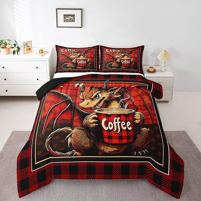 Feelyou Dragon Comforter Set Twin Size Dragon Stuff Comforter for Boys Girls Teens Coffee Bedding Set Dragon Decor Duvet Set Room Decor Red Brown Quilt Set