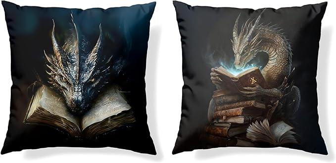 Vintage Magical Black Dragon Reading Book Decorative Throw Pillow Covers 18x18 Set of 2, Fantasy Room Decor for Kids, Gamers, and Bookworms,Reading Nook Decor, Gifts for Bookworm Readers