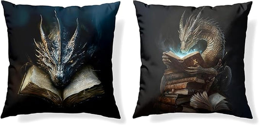Vintage Magical Black Dragon Reading Book Decorative Throw Pillow Covers 18x18 Set of 2, Fantasy Room Decor for Kids, Gamers, and Bookworms,Reading Nook Decor, Gifts for Bookworm Readers