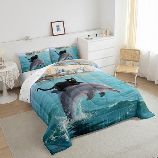 Erosebridal Black Kitten Bedding Set Twin Size Dolphin Comforter Set for Kids Girls Boys Marine Waves Kawaii Cat Sea Ship Blue White Comforter Warm Soft Quilt Insert