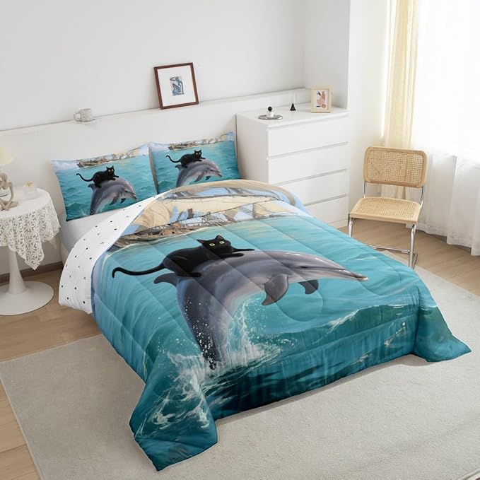 Erosebridal Black Kitten Bedding Set King Size Dolphin Comforter Set for Kids Girls Boys Marine Waves Kawaii Cat Sea Ship Blue White Comforter Warm Soft Quilt Insert