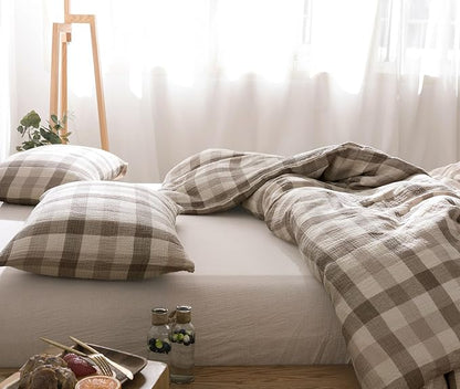 VM VOUGEMARKET King Duvet Cover Set Beige Grey Plaid Bedding Set Soft Breathable 3 Layers Muslin Cotton Linen Like Gauze Comforter Cover with Zipper Closure-3 Pieces,104"x90"
