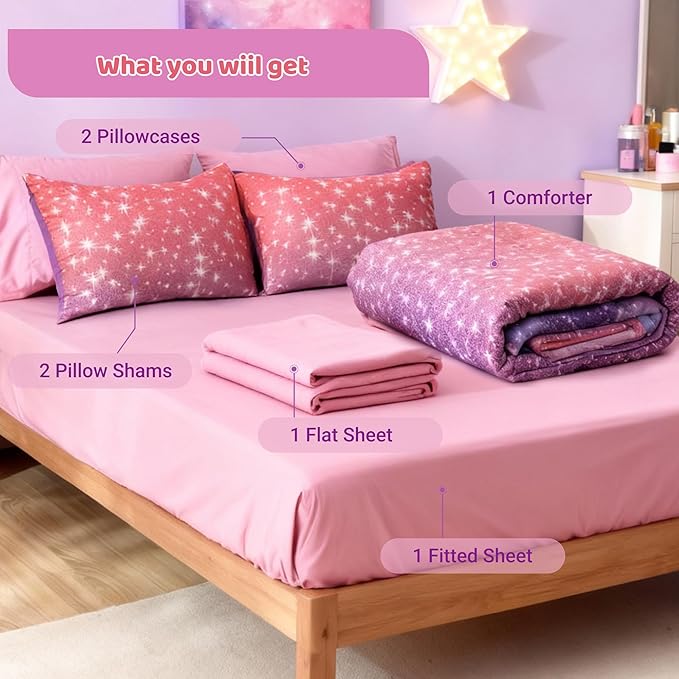 Full Comforter Set for Girls Kids - 7 Pieces Purple Galaxy Full Size Bedding Sets for Kids, Soft Cozy Bed in A Bag with Sheets